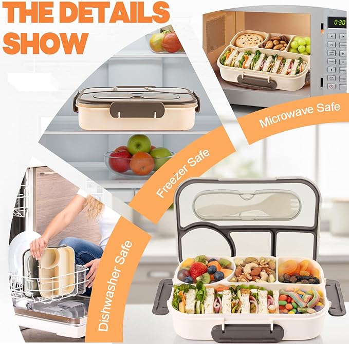 Bento Box for Adults,4 Compartments Lunch Box, Snack Containers Reusable Lunch Containers Drop-Proof, Dishwasher Safe & Made with BPA-Free Materials, Beige