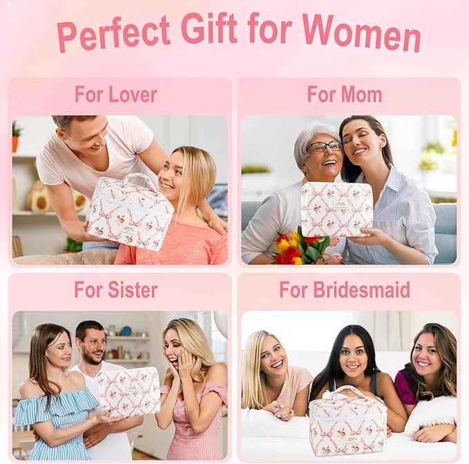 2Pcs Cotton Quilted Makeup Bag for Women Girls, Large Small Travel Floral Cosmetic Bags Set, Cute Coquette Pink Makeup Pouch for Purse, Aesthetic Cloth Flower Storage Toiletry Bag Organizer
