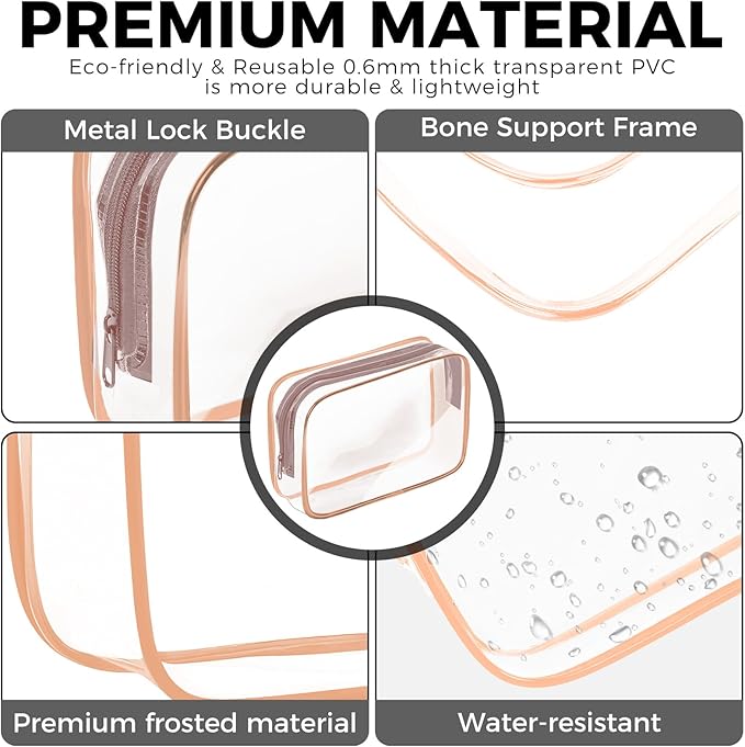 AURUZA Clear Makeup Bag, Portable Travel Toiletry Bags with Zipper, TSA Approved Clear Organizer Bags, PVC Cosmetic Pouch for Airport Airline Compliant