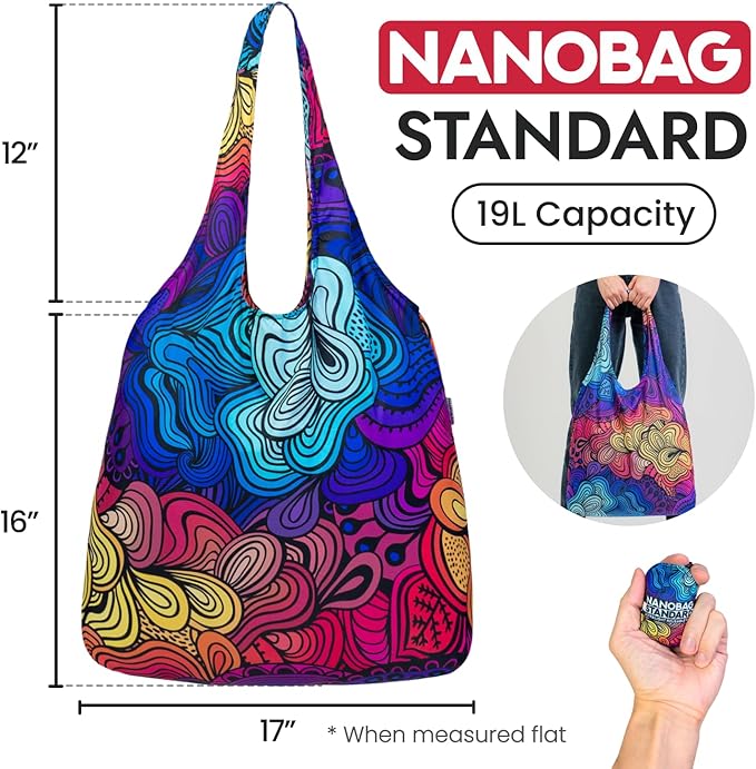 Nanobag Ultralight Foldable Tote for Women & Men, Reusable Grocery & Travel Bag, Packable Collapsible Compact Market Essential (Standard Neon Flowers)