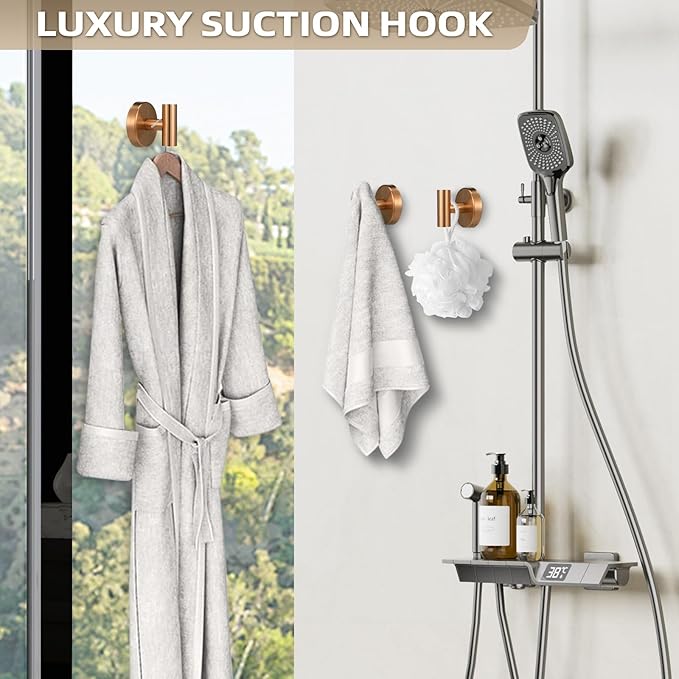 Suction Cup Hooks for Shower - Bathroom Reusable Hooks for Towels, Robes & Loofah - No-Drill Mounting on Kitchen, Walls, Metal, Glass, Mirrors, Tile & Smooth Non-Porous Surfaces (2, Champagne Bronze)