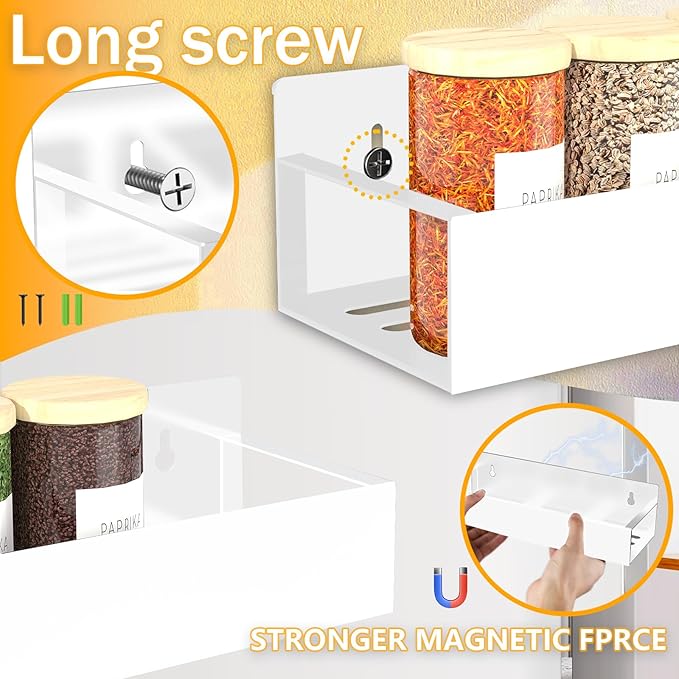 Magnetic Spice Rack Organizer for Fridge Seasoning Organizer for Kitchen storage with Screw Magnetic Shelf with Hook for Refrigerator and Oven (4pack1hook-White)