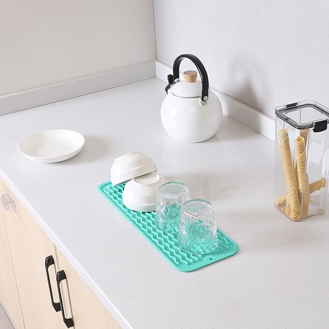 Silicone Dish Drying Mat for Multiple Usage, Easy clean, Eco-friendly, Heat-resistant Silicone Mat for Kitchen Counter, Sink, Bar, Bottle, or Cup Mint M 17 inches x 6 inches