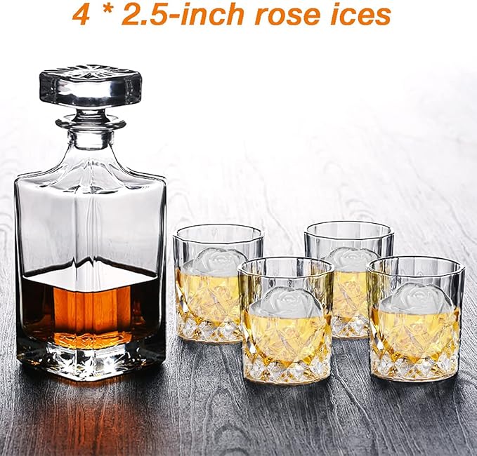 CAMKYDE Rose Ice Cube Tray 2.5 Inch [1 Mold + 1 Funnel + 4 Stoppers], 4 Cavity Silicone Rose Ice Cube Mold for Whiskey, Chilling Cocktails, Bourbon, Juice (Black)