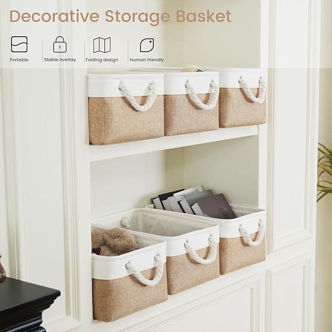 VQRTEXA Storage Baskets for Shelves 13.8x9.8x6.7 Inch, Foldable Fabric Storage Bins with Handles, Small Storage Baskets for Organizing Closet, Bathroom, Office, Home Organization (3-Pack, White&Khaki)