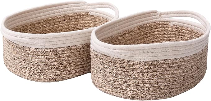 Woven Basket, Small Rope Storage Bin with Handles & Ribbon Bag, Organizer for Shelves Closets, Empty Gift Basket for Birthday, Books, Dog Toys, White & Oatmeal/2 Pack