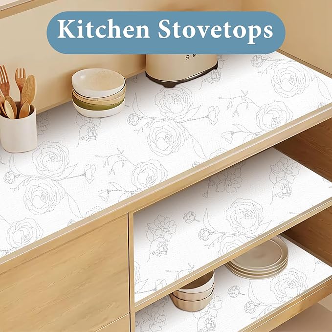 Shelf Liners for Kitchen Cabinets, 12in x 30FT, Non-Adhesive Drawer Liner, Silver Floral, Thickened Shelf Liner Paper, Strong Non-Slip, Easy to Clean, for Tool Box and Refrigerator, with Knife and Tape Measure