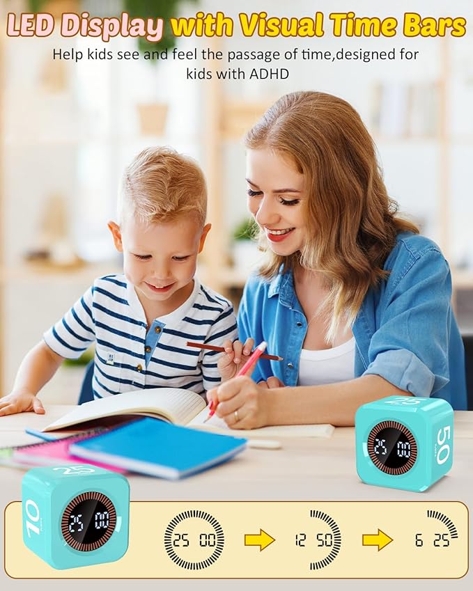 Pomodoro Timer Cube Visual Productivity Flip Timer for Kids Classroom Desk, 5/10/25/50min& Custom Countdown, Silent&Sound Mode Digital Cube for ADHD Study Work School Game Kitchen (Mint Green)