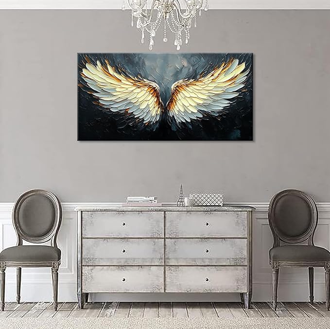 ZESTRILIA Angel Wings Wall Art for Girls Room Gold Gray Canvas Oil Painting Prints Modern Abstract Fantasy Anime Artwork Living Bedroom Office Decor Extra Large (58x28 Inches)