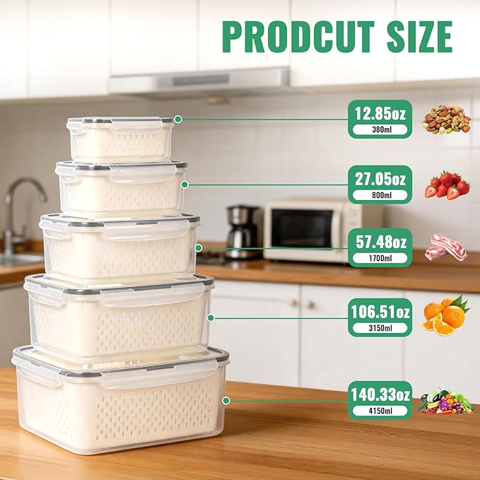 5 PCS Fruit Storage Containers for Fridge Produce Containers for Fridge with Removable Colander Berry Storage Containers Veggie BPA-Free Plastic Crisper for Long-Term Freshness