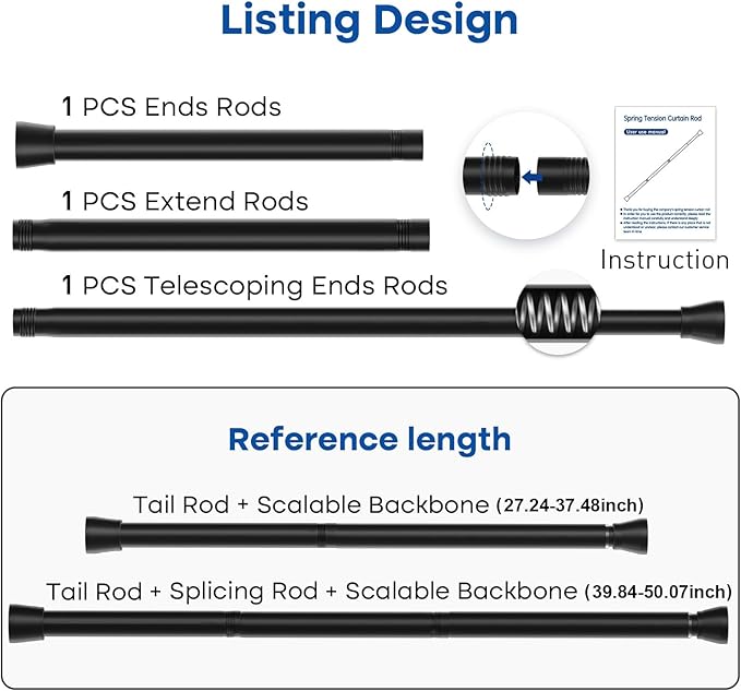 Black Tension Rods for Windows 28 to 48 Inch 4Pack Spring Curtain Rod Tension Curtain Rod Expandable Pressure Shower Curtain Rod Tension No Drill Adjustable Curtain Rods for Bathroom, Doorway, Door