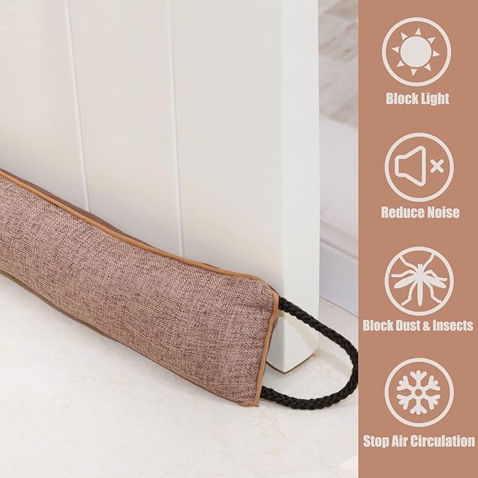 Marwood Under Door Draft Stopper 48 inch Wind Stopper for Door & Window, Weighted French Air Draft Stopper Front Door Snake Noise Blocker for Bottom of Door with Hanging Loops - Brown