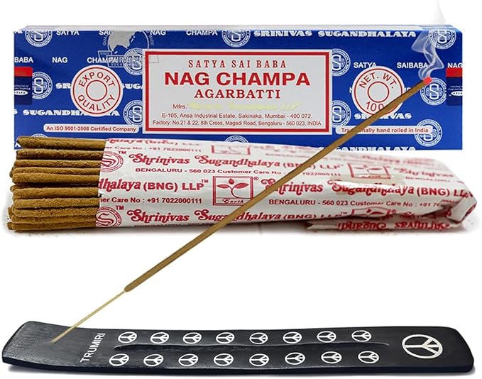 TRUMIRI Incense Stick Holder Bundle with Satya Sai Baba Nagchampa 100g Incense Sticks - Pack of 1 (Approx 100 Sticks)