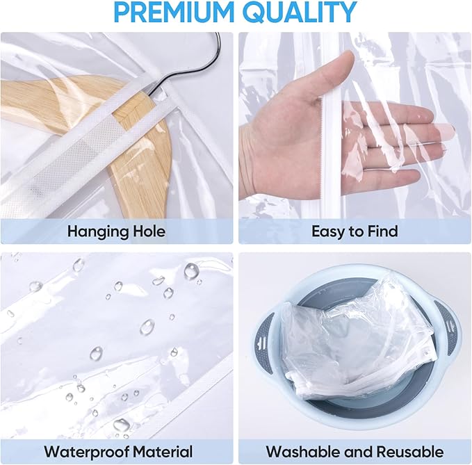 BALEINE 40'' Clear Garment Bags, 2 Packs PEVA Dress Bag for Closet Clothes Dresses Suit Coats Storage (Clear, 2PK)
