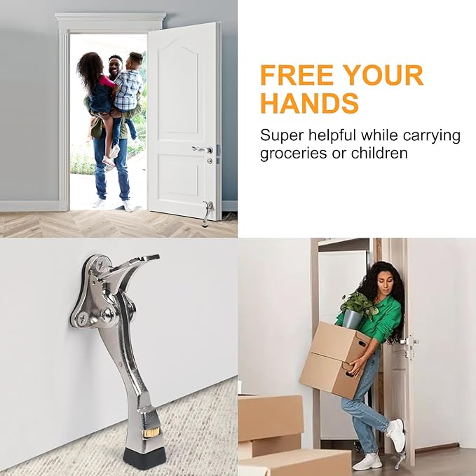4 Packs Heavy Duty Kickdown Door Stopper, One Touch Adjustable Kickdown Door Stop for Heavy Doors, 4 in Metal Door Kickstand with Rubber Tip & Wall Protectors for Wide Doors