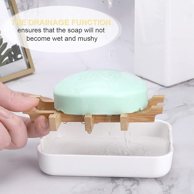 Bamboo Wooden Soap Dishes for Bathroom Bar Soap Holder Shower Soap Holder Sink Deck Bathtub Shower Tray (One Pieces White)