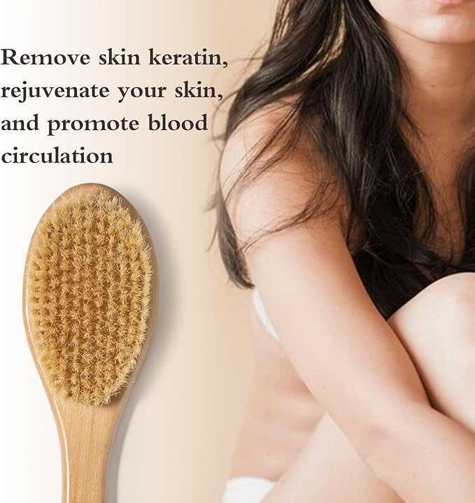 Bamboo Long Handle Back Scrubber Brush,Dry Body Scrubber for Dry Skin, Blood Circulation, Cellulite Treatment,Dry Brush Suitable for All Kinds of Skin with Soft and Stiff Bristles