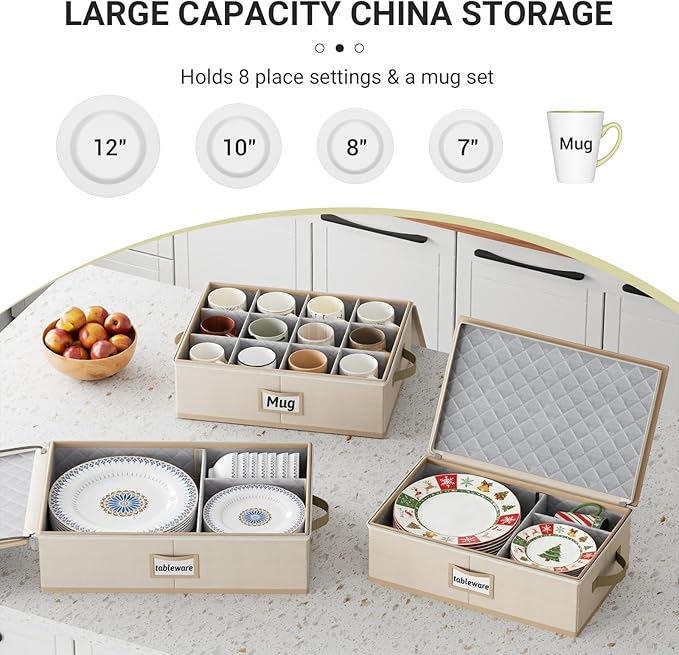 MISSLO Large Capacity China Storage Containers Hard Shell Plate Storage Containers, Kitchen Packing Moving Boxes for Dishes, Dinnerwares, Mugs Protectors, Beige, 3 Piece Set