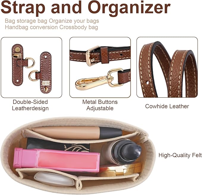 2 Kit Mini Bag Leather Shoulder Strap and Felt Purse Organizer Insert for Longchamp Mini XS Bag, Punch-Free Adjustable Buckle Design (Beige & Strap)