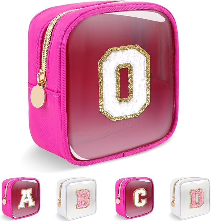 Personalized Initial Letter Clear Preppy Makeup Bag, Mini Nylon Chenille Letter Cosmetic Bag Cute Zipper Pouch Coin Purse for Teen Girls, Portable TSA Approved Travel Essentials Bag Gift for Women, O