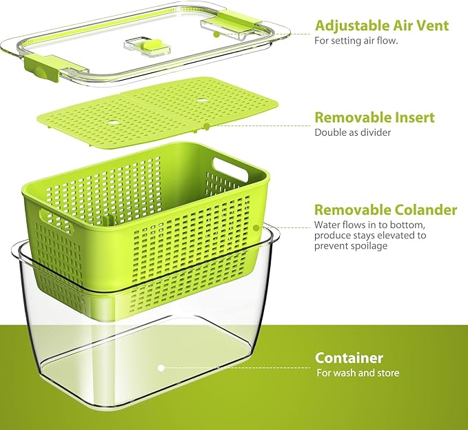 LUXEAR Fruit Vegetable Storage Container, 4 Pack Fresh Containers for Fridge with Lids BPA-Free Produce Refrigerator Organizer for Fruit, Veggie, Berry, Meat Storage Keep Fresh Longer-Green