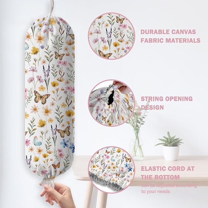 Plastic Bag Holder, Grocery Bag Organizer Storage, Kitchen Dispenser Holders Reusable Shopping with Adjustment Drawstring Closure for Kitchen Farmhouse Decor, Vintage Floral
