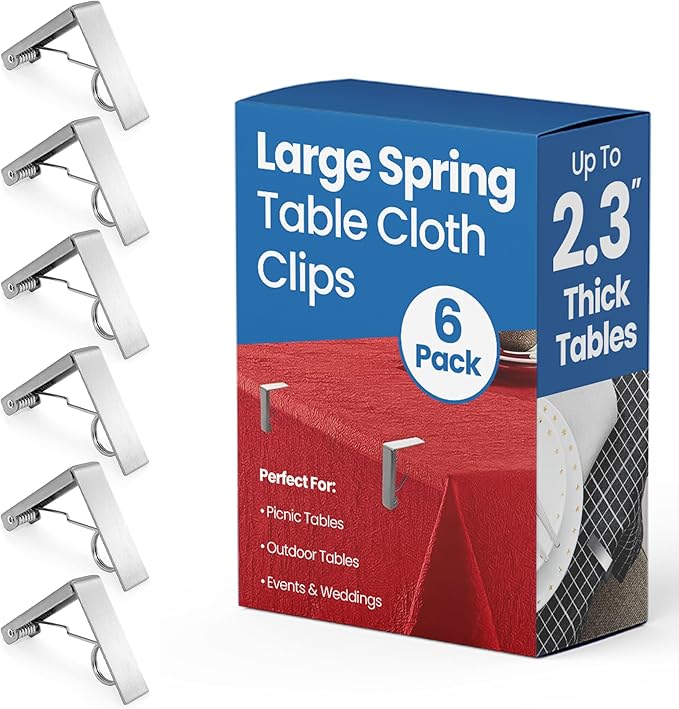 ProTensils 6 Pcs Picnic Tablecloth Clips for Outdoor Tables - Stainless Steel Clamps, Fits 2.3" Thick Tables, Metal Holders for Dining Table Cloth