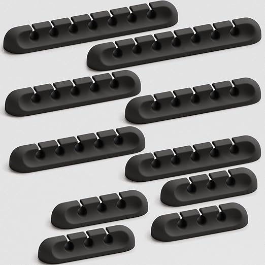 USB Cable Organizer Clips Cord Holder, 10 Packs (3-5-7-Slots) Black Self Adhesive Desk Cord Cable Management