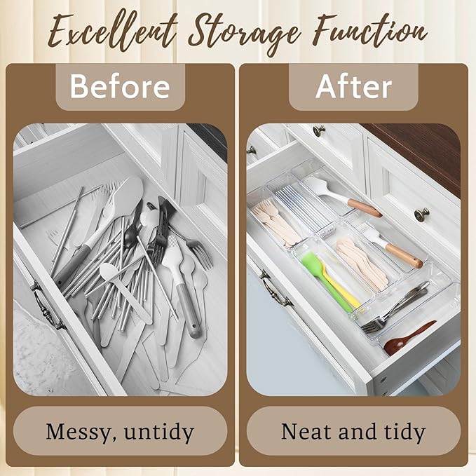 12 PCS Drawer Organizers Clear Plastic Vanity Drawer Dividers Kitchen Silverware Utensil Storage Desk Storage Tray for Bathroom Bedroom Office Makeup Jewelry 9 x 3 x 2 Inches
