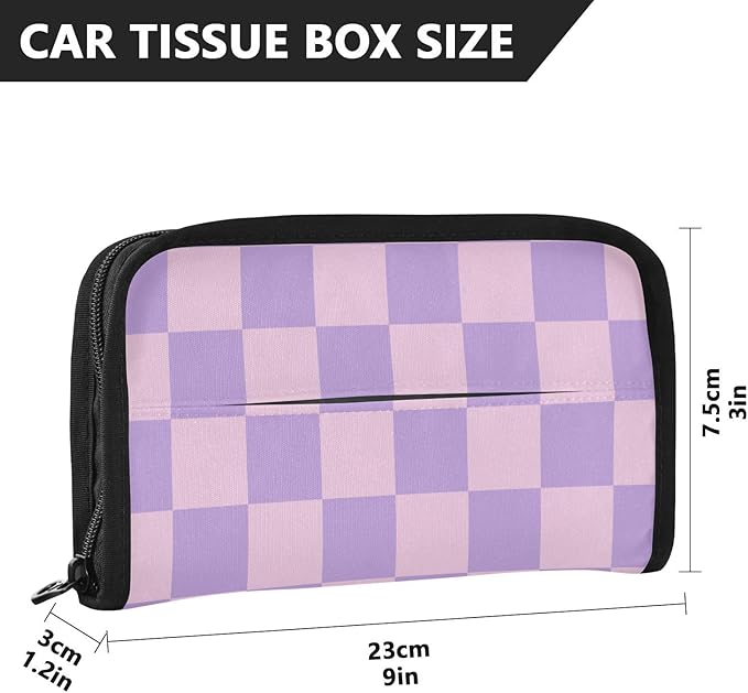 Car Tissue Holder Car Napkin Holder Car Tissue Box Dispenser Storage Case Sun Visor Mask Holder with Adjustable Straps Reusable Refillable Checkered Purple