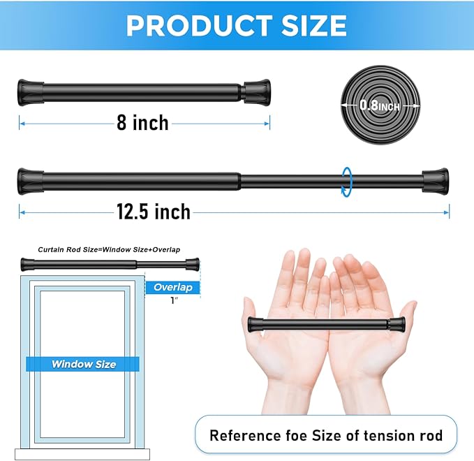 4 Pack Small Spring Tension Curtain Rod 8 to 12.5 Inch, Thin DIY Tension Rods No Drill for Slim Window Cupboard Closet Sidelights, Black