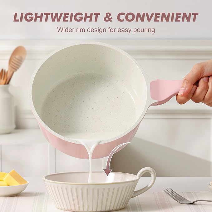 SENSARTE Ceramic Nonstick Saucepan with Lid 1.5 Quarts, Small Kitchen Cooking Pot with Stay Cool Handle, Induction Compatible, Ceramic Coating, Free of Intentionally Added PTFE/PFOA/PFAS, Sakura Pink