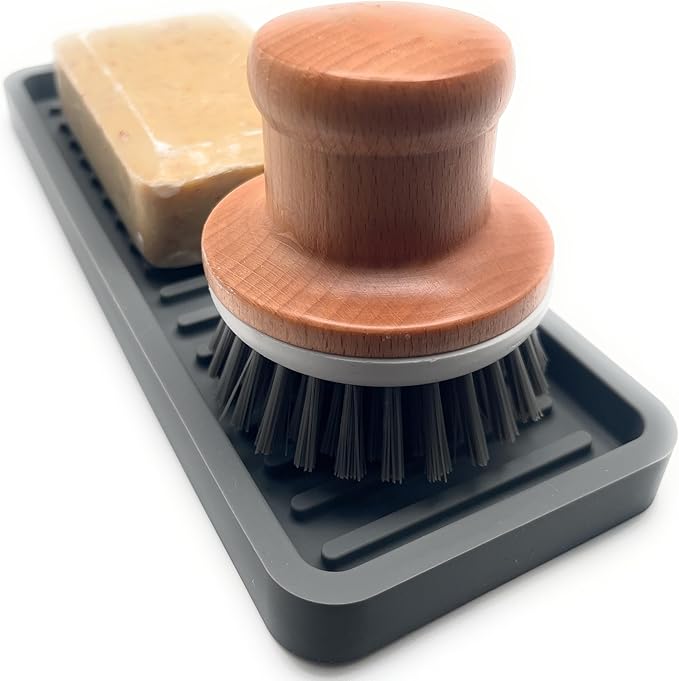 Happitasa Silicone Kitchen Sink Organizer Tray, Sponge Holder and Countertop Protector | Bathroom and Kitchen Soap Dish and Dispenser Tray (Grey, 9"x3.5")