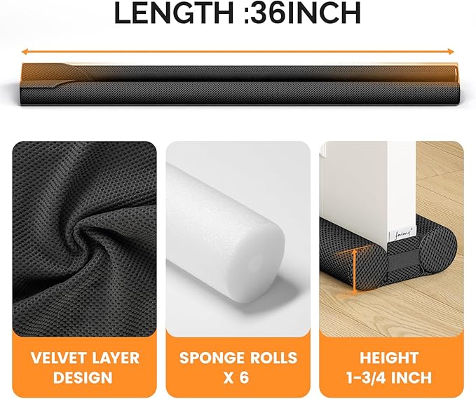 fowong Door Draft Stopper 30" to 36" Soundproofing Under Door Draft Blocker, Adjustable Noise Stopper Seal Large Gap, Black