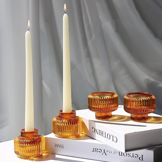 Woho Candlestick Holders Set of 8 for Taper/Votives/Tealight Candles, Amber Taper Candle Holders for Fall Wedding Decor, Ribbed Glass Candle Sticks Holder Decor for Dinner Table/Holiday Party