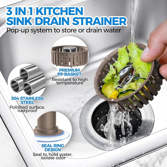 Upgraded 3-in-1 Kitchen Sink Drain Strainer & Sink Stopper, Stainless Steel Kitchen Drain Plug & Cover with Anti-Clogging Basket Strainer, Fits US Standard 3-1/2'' Sink Drain Hole, Brown