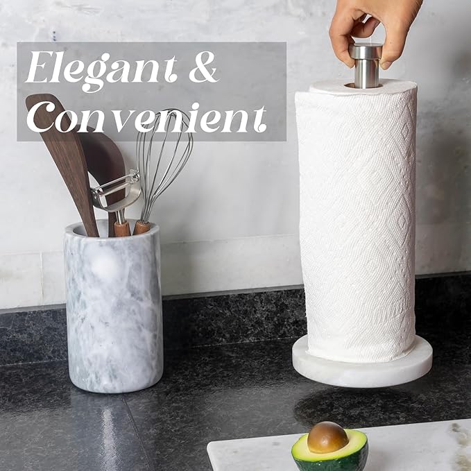 Koville African Genuine Marble Paper Towel Holder Countertop, 6" Stone Base Silver Rod Paper Towel Holder Stand for Kitchen Storage, for Standard or Jumbo-Sized Rolls