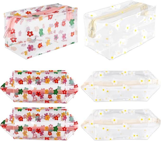 6 Pcs PVC Flower Toiletries Bags with Zipper Plastic Floral Cosmetic Organizer Empty Daisy Pattern Shower Bags Portable Zippered Makeup Pouches for Travel Beach Vacation Bathroom