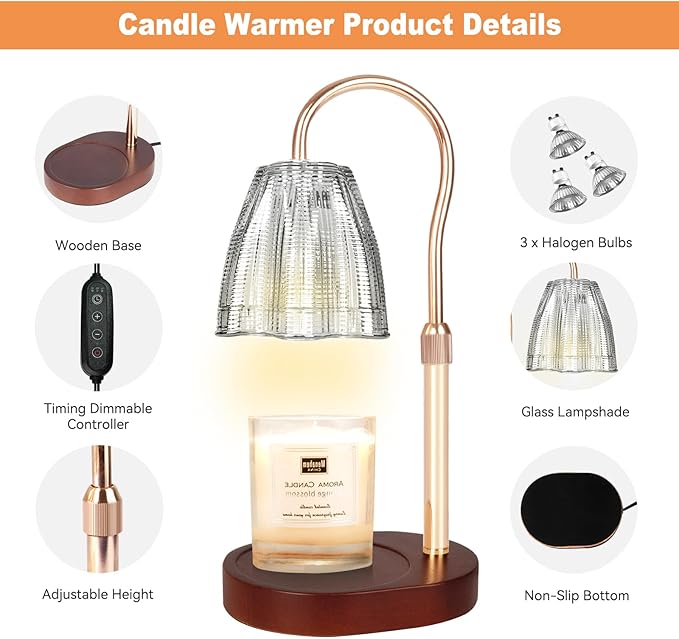 Candle Warmer Lamp with Timer & Dimmer, Candle Warmer Height Adjustable, Fits All Jar Scented Candles, Candle Lamp with 3 Bulbs, Charming Gift for Home Decor
