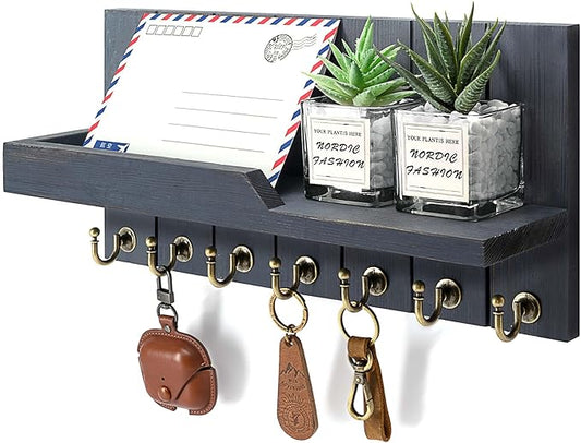Pine Wood Key Holder Wall Mount for Home Decor - Stylish Key Holder for Wall with Shelf and 7 Key Hooks for Mail Organizer - Rustic key organizer for House & Apartment Essentials(Royal Blue,15-inch)