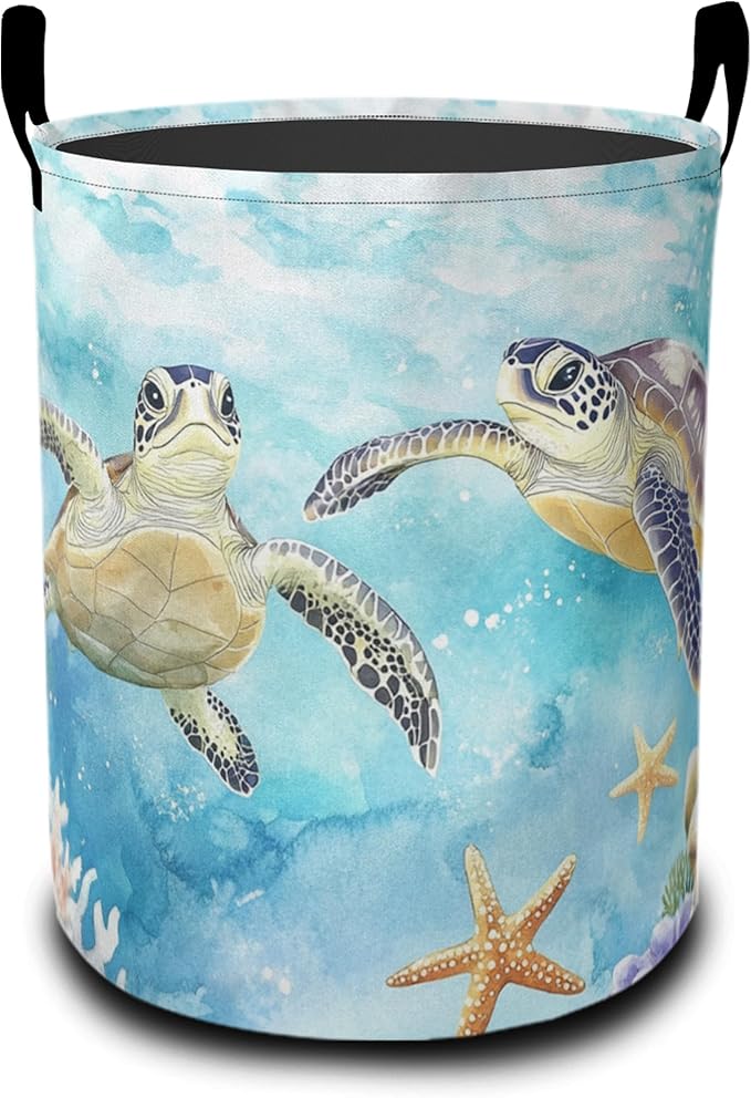 Retro Two Turtles Laundry Basket-Large Foldable Hamper Holder Portable Tall Collapsible Laundry Hamper Storage Basket Bin with Handles, Canvas & Waterproof lining for Household Items