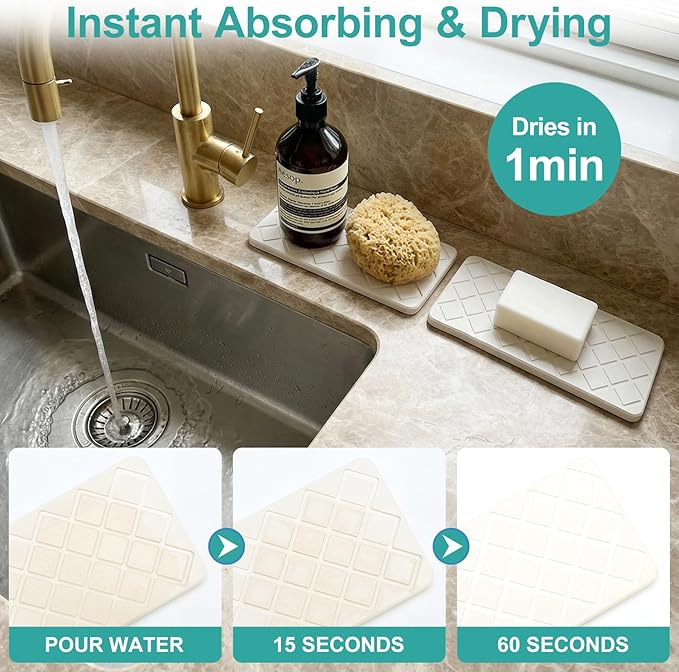 Small Fast Quick Dry Bathroom Counter Tray Water Absorbing Stone Trays for Sink Soap Dish Dispenser Sponge Holder Diatomite Stone Drying Mat for Kitchen Sink Tray White Bathroom Vanity Organizer Decor