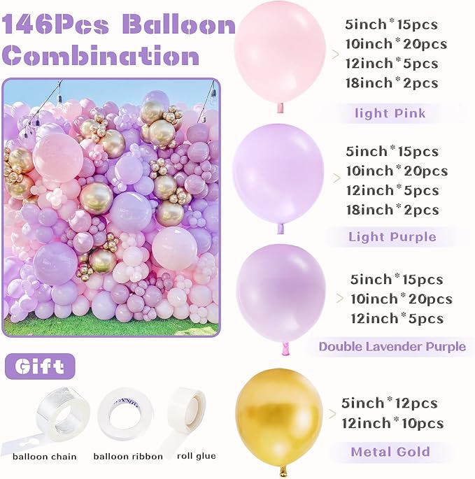 Pastel Pink Purple Balloon Garland Kit, Double Stuffed Lavender Balloons Garland 146pcs Latex Pastel Pink Purple Gold Balloons for Baby Shower Bachelorette Wedding Birthday Party Decorations