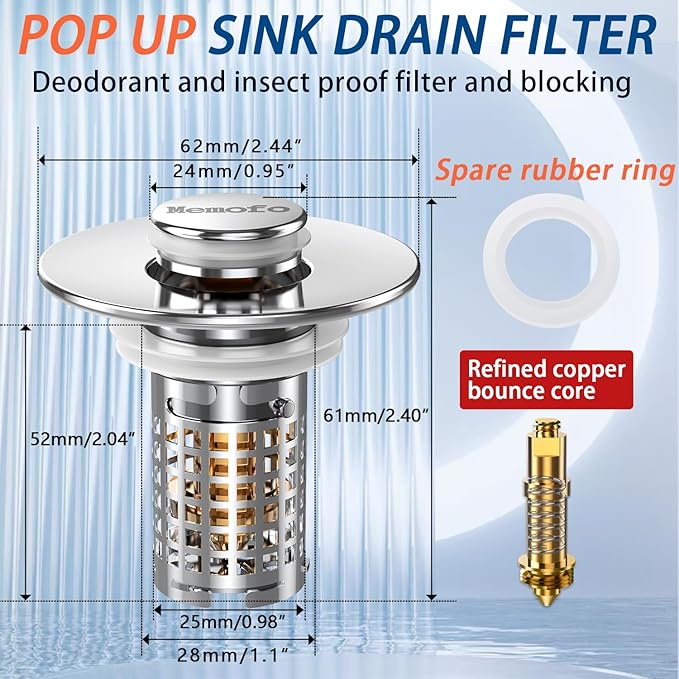 3-in-1 Bathroom Sink Drain Strainer, Stainless Steel Pop-up Strainer Basket Hair Catcher with Removable Basket, Brass Bullet Core, Universal Fit 1.1-2.36 Inch (Silver(New 1pcs))