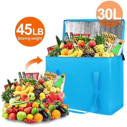 Bodaon 2-Pack Insulated Reusable Grocery Shopping Bag, X-Large Food Delivery Bags, Soft Cooler Bag for Women/Men for Grocery Delivery, Blue