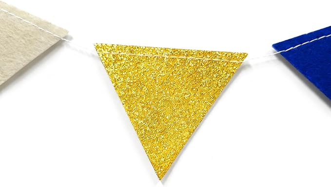 Blue Gold Beige Party Decoration Royal Gold Glitter Felt Hanging Triangle Mini Bunting Pennant Banner Flag for Birthday Wedding Graduation Baby Shower Nautical Ahoy Anchor Party Nursery Classroom Decor