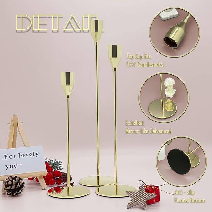 3Pcs Lemon Gold Candlestick Holders Set Fit 3/4" Tall Taper Candle Home Decorative Table Centerpieces for Family Dinning, Party Decoration