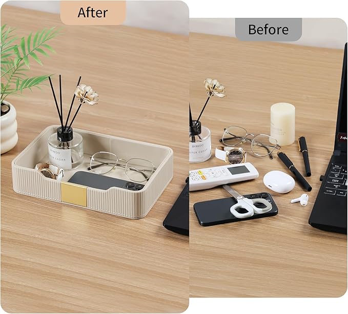 Valet Tray Desktop Storage Organizer, PU Leather Catchall Bedside Vanity Tray with Brass Accents Block Nightstand Organizer for Keys Watch Wallet Phone, Decorative Nightstand Storage (Beige)