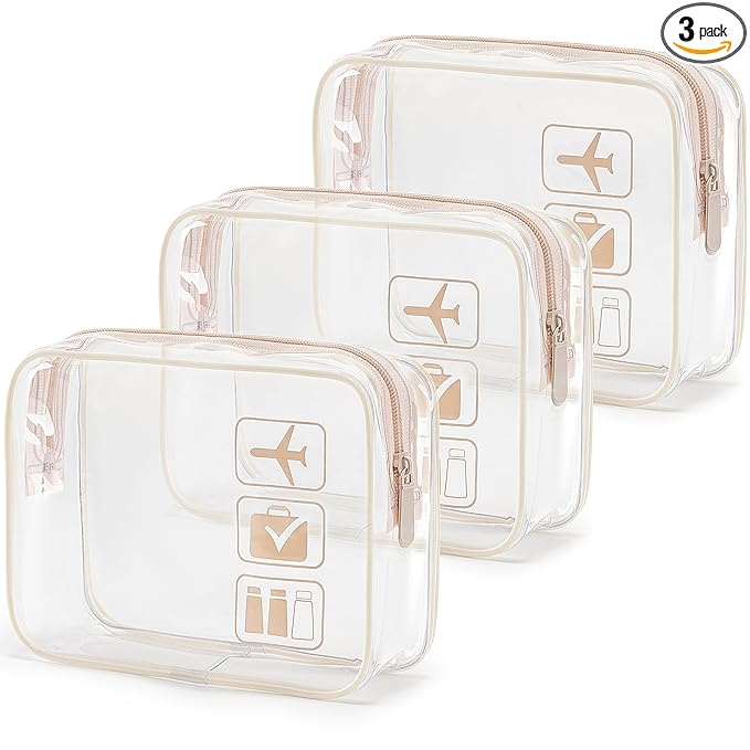 MODENGKONGJIAN TSA Approved Toiletry Bag, 3 Pcs Clear Toiletry Bags Quart Size Travel Makeup Cosmetic Bag for Women Men, Carry-on Airport Airline Compliant Bag (Flesh Pink)