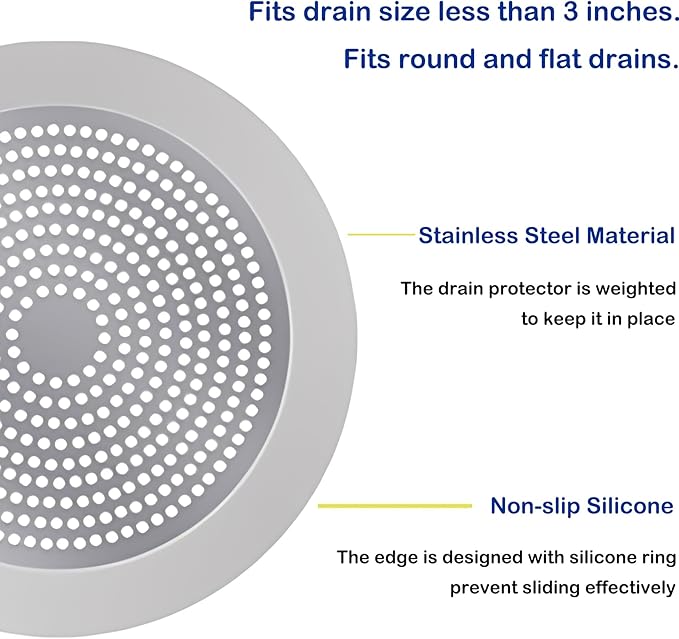 Shower Drain Hair Catcher 3.5 inch Small, Bathroom Sink Hair Stopper Sink Drain Cover Fliter Weighted Stainless and Silicone Shield (3.5 in)